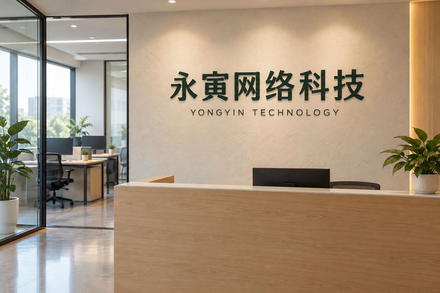 永寅网络科技办公室设计场景，墙面展示公司名称，AI生成示意图